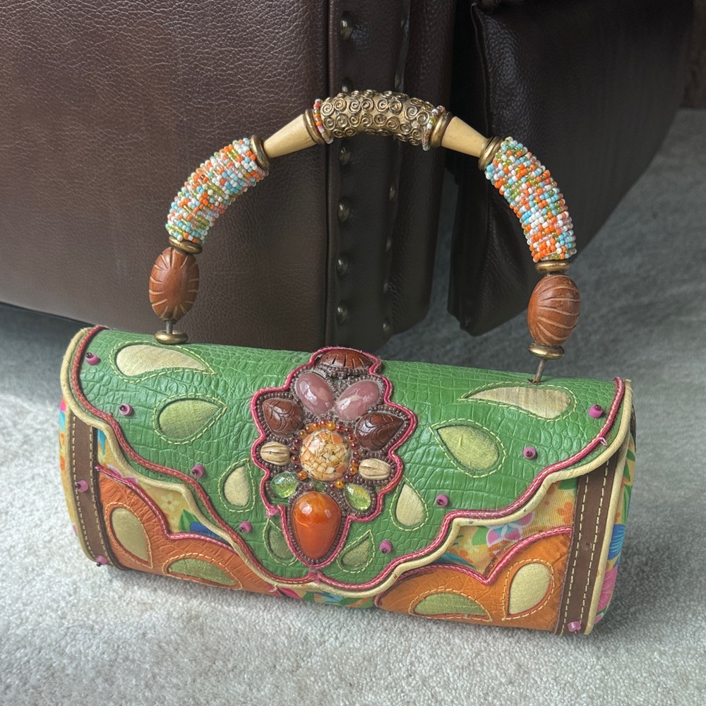 Mary Frances Green and Orange Beaded Mini Bag